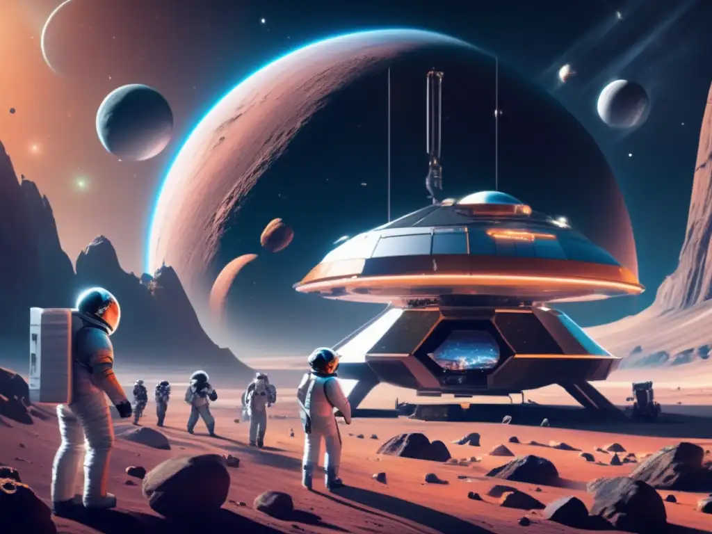 Estación espacial futurista en el cinturón de asteroides Futuro de la minería espacial: Estación espacial, asteroides y tecnología avanzada