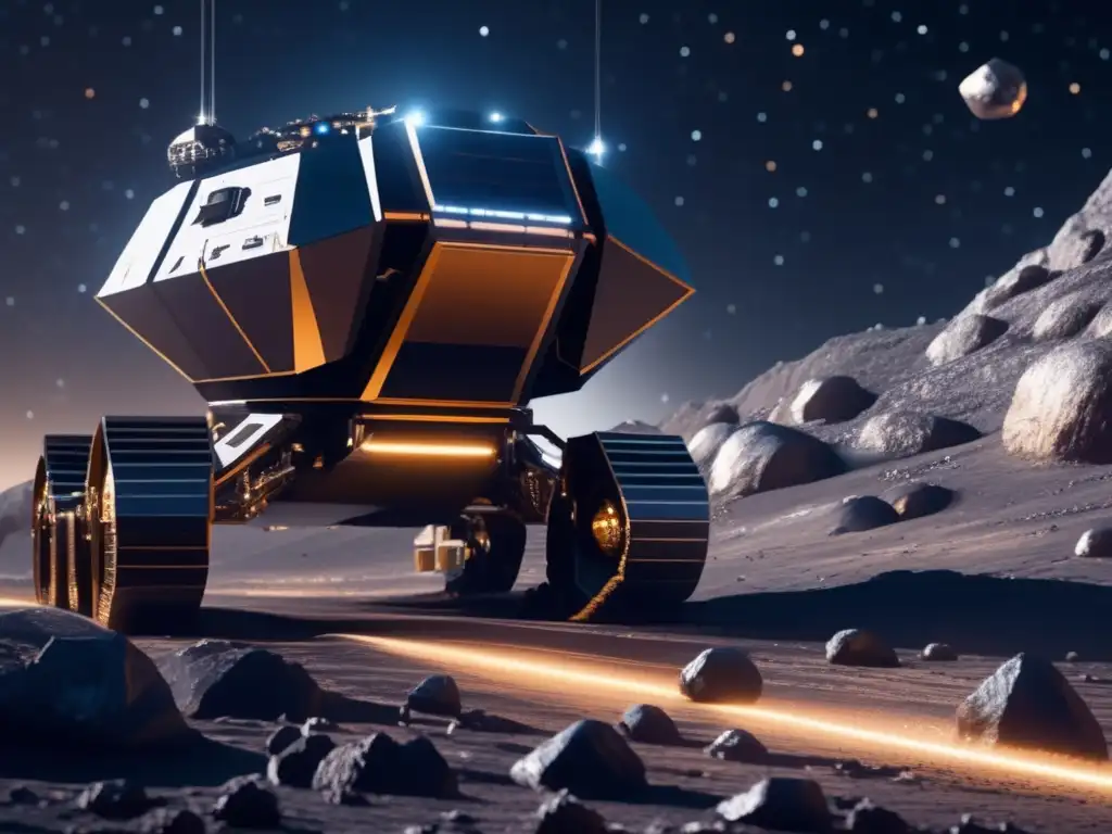 Futuro minero espacial en asteroide Futuro minero espacial en asteroide: maquinaria avanzada extrae metales en escasez de Tierra