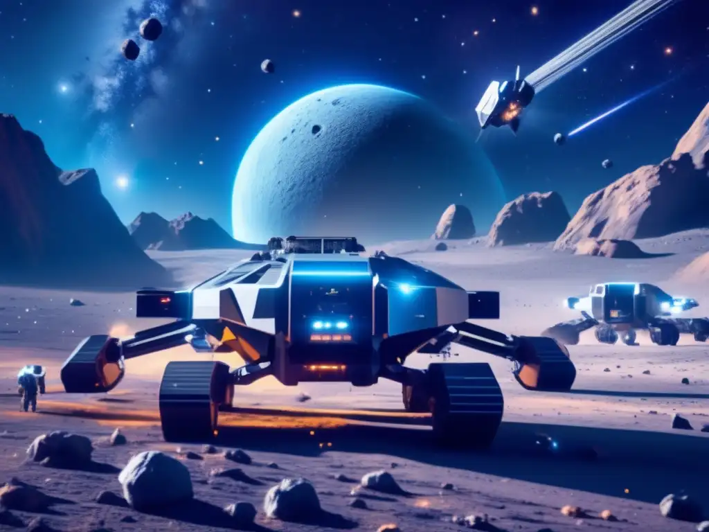 Futuro minero espacial en asteroide 8k Futuro minero espacial con robots y drones extrayendo recursos valiosos en un asteroide