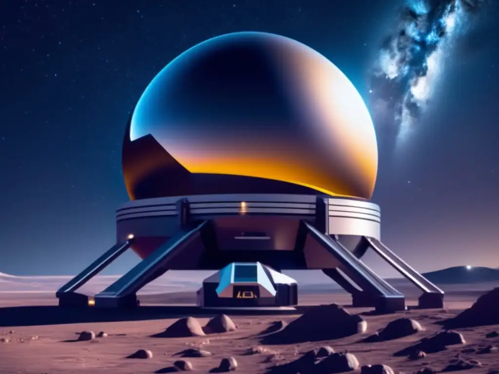 Observatorio espacial futurista y tecnología avanzada Futuro observatorio espacial en asteroide con IA avanzada y sistemas automatizados para detectar y desviar asteroides peligrosos