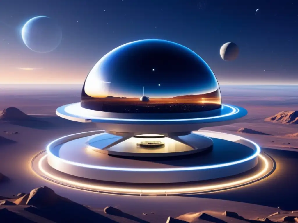 Futuro observatorio espacial en plataforma flotante Futuro observatorio espacial con tecnología avanzada y asteroides impacto tierra futuro