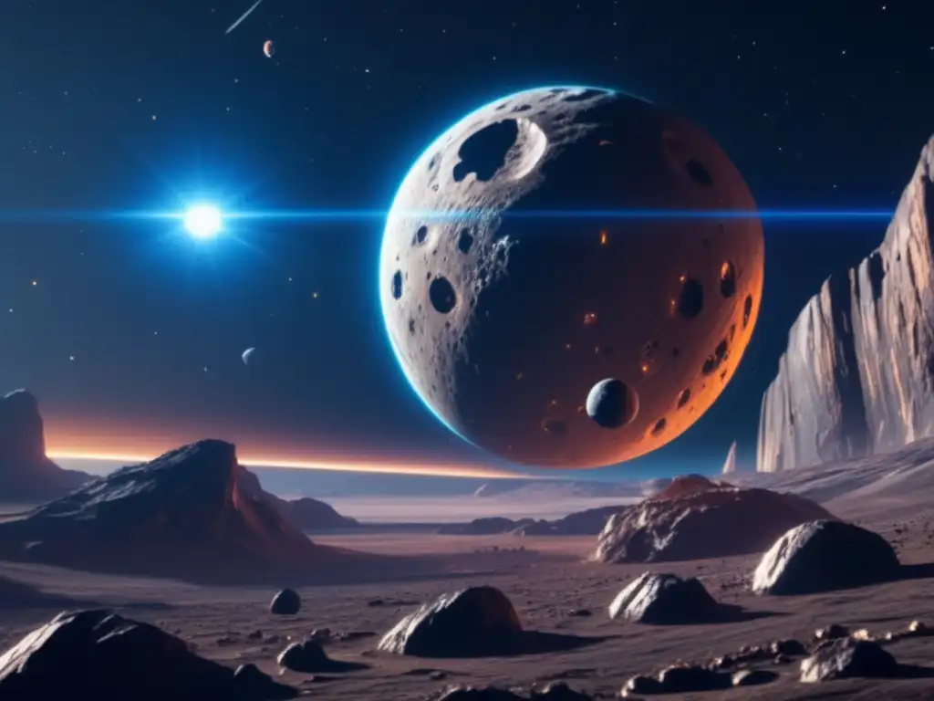 Estación espacial futurista en asteroide Futuro prometedor: estación espacial en órbita de asteroide con exploración tecnológica de asteroides