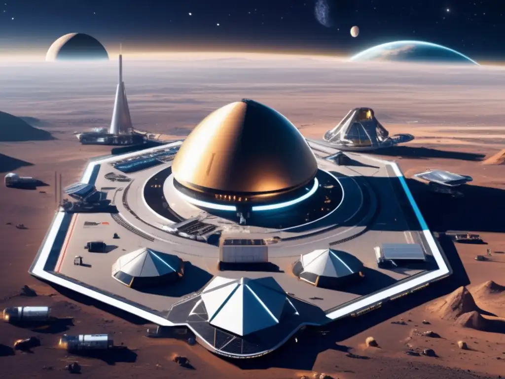 Futuro puerto espacial en medio de estructuras metálicas, con actividad de naves para expediciones a asteroides