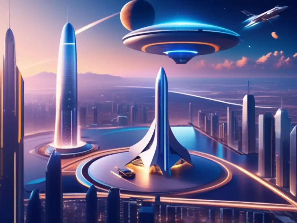 Un futuro puerto espacial con rascacielos, naves despegando y aterrizando en modernas plataformas de lanzamiento