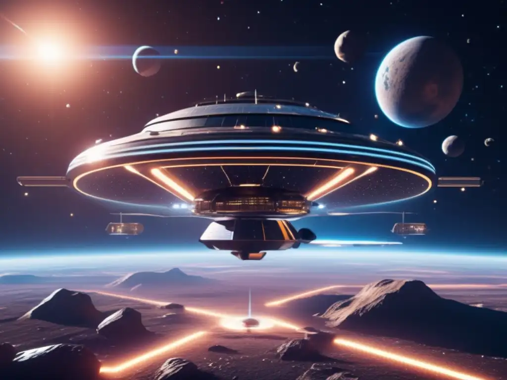 Estación espacial futurista en el espacio Futuro sostenible: estación espacial 8k con paneles solares, asteroides y recursos solares en asteroides