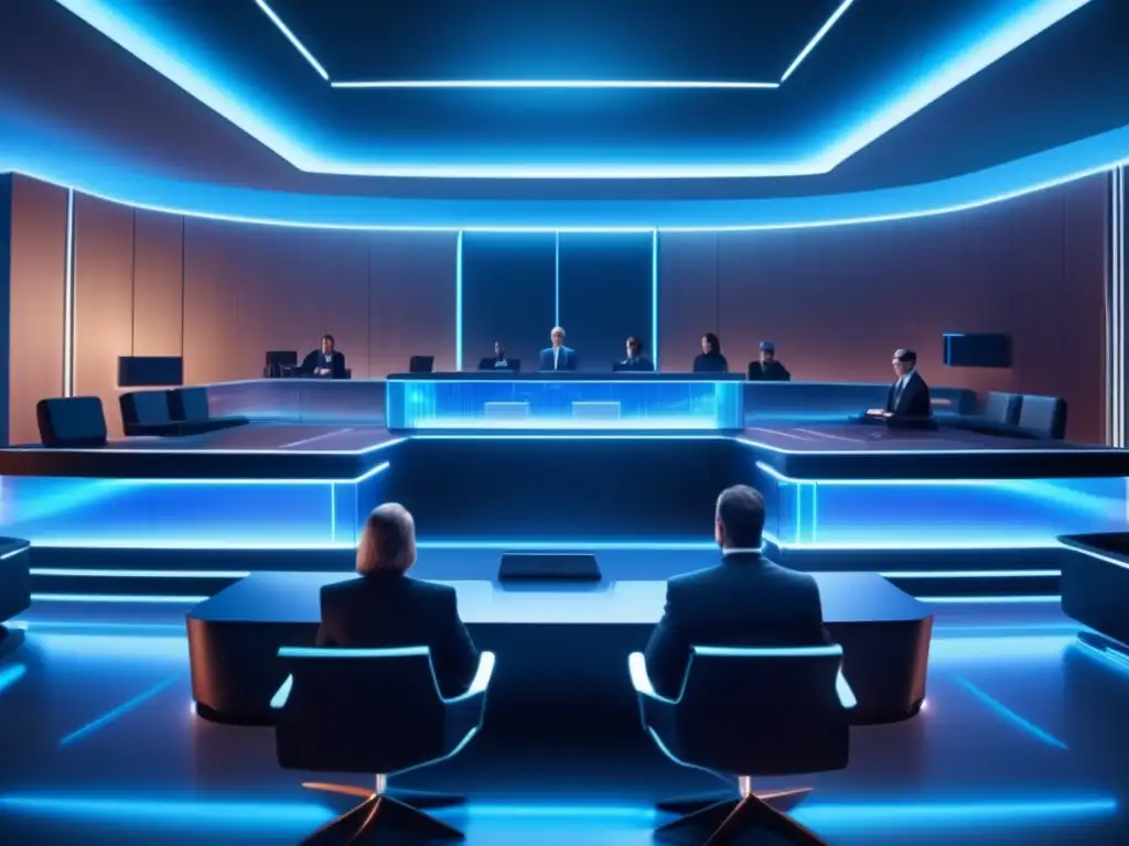 Futurista sala de juicio con hologramas y debate Futuro tribunal: debates y hologramas en minería de asteroides