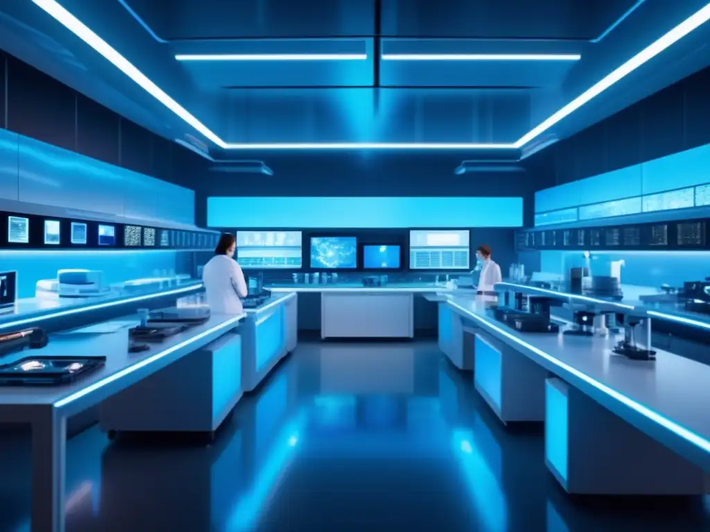 Laboratorio futurista con científicos y asteroides Futuro lab