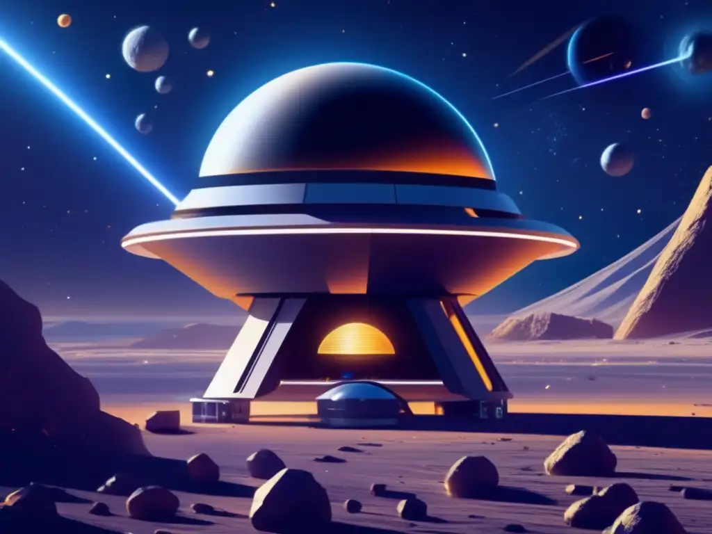 Futuros impactos asteroides tierra: Observatorio espacial futurista rodeado de asteroides, iluminado por estrellas distantes