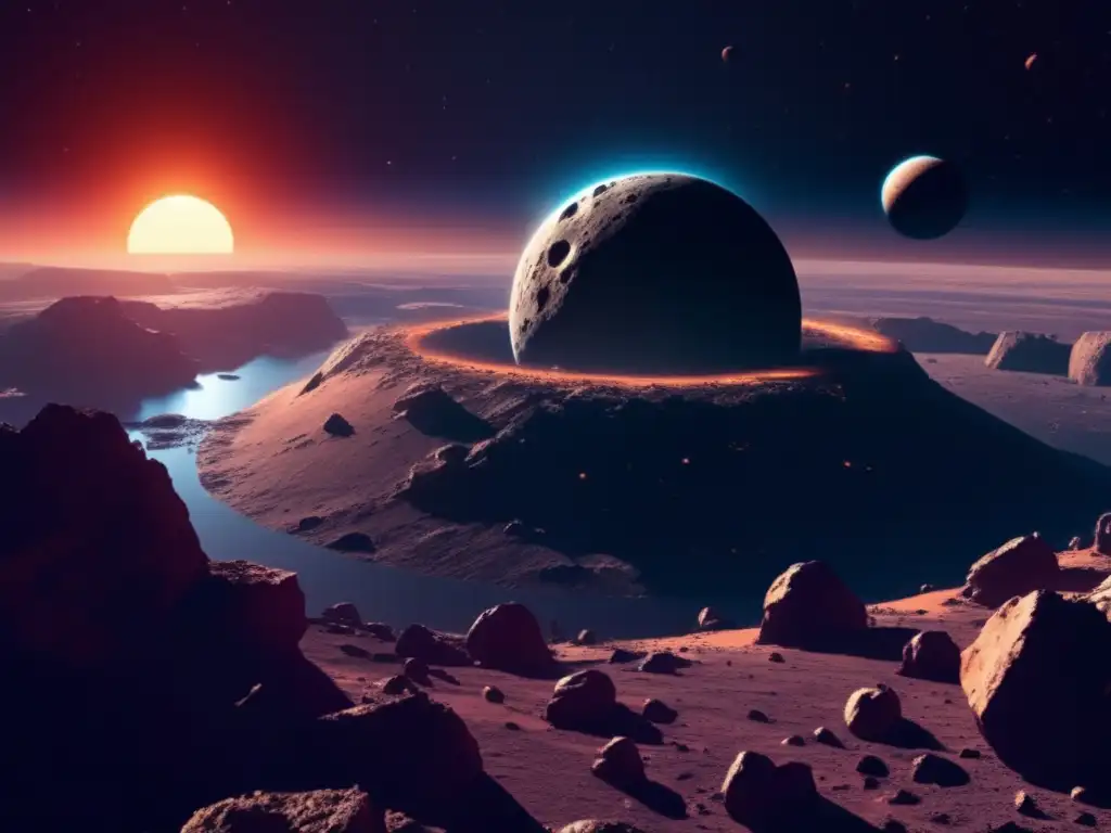 Futuros impactos asteroides tierra - Escena cinematográfica dramática en el espacio con una sonda espacial cerca de un asteroide masivo