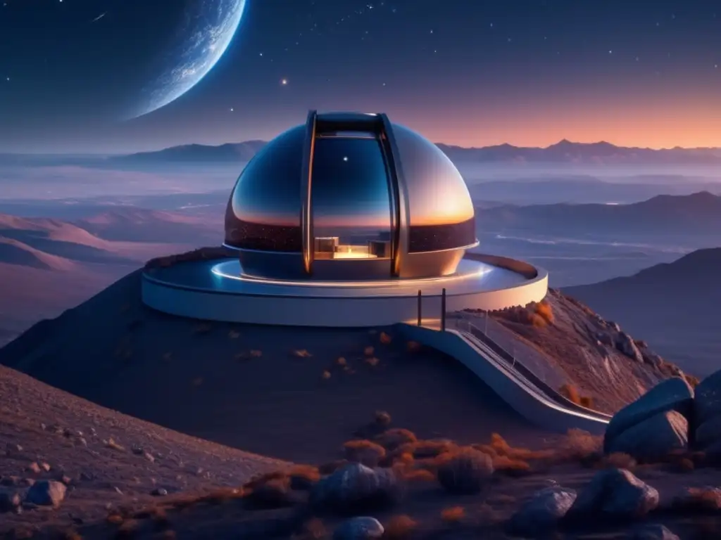 Futuros impactos asteroides tierra: Observatorio futurista, noche estrellada, asteroide, impacto y estudio