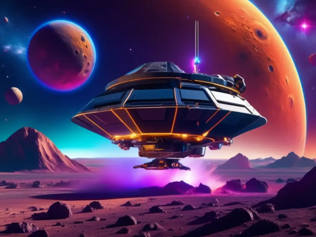 Sonda espacial extrayendo biomoléculas Futurosonda biomoléculas asteroides medicina: nave espacial futurista, asteroides y nebulosa