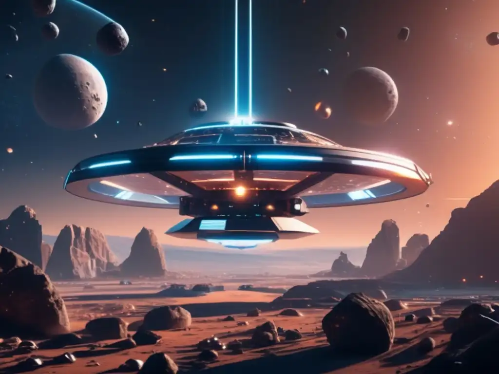 Futurista estación espacial rodeada de asteroides Geopolítica asteroides: Conflictos cooperación escenario espacial