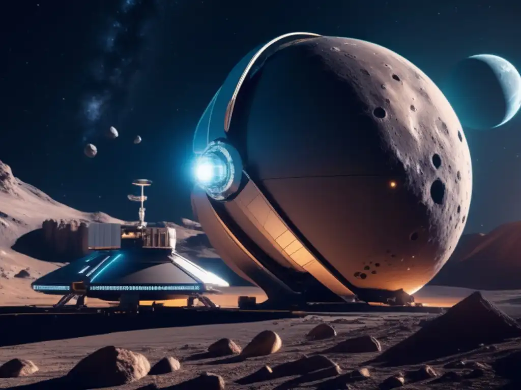 Futurista estación espacial minera en asteroide Geopolítica minería asteroides: Estación espacial futurista orbitando asteroide con tecnología avanzada, minerales valiosos y vista de la Tierra