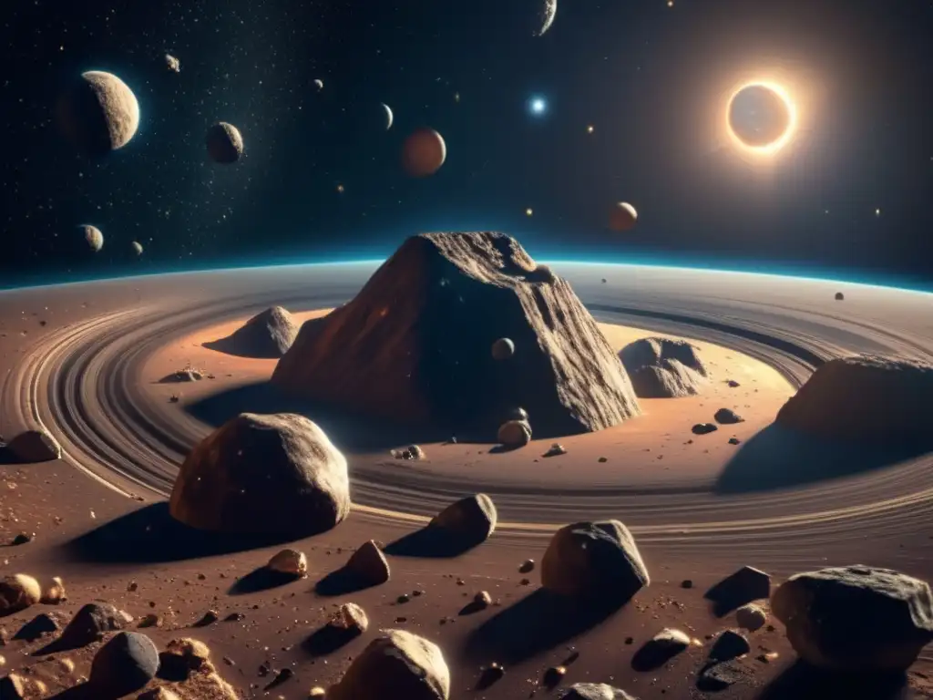 Main Asteroid Belt: Detalle 8k de asteroides Formación gigantes cinturón principal: asteroides detallados en 8k con texturas, colores vibrantes y cráteres visibles en el cinturón principal