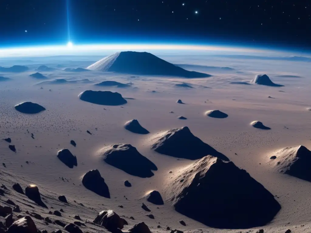Vista panorámica de espacio: asteroide gigante Descubriendo gigantes silenciosos: asteroides del cinturón, imagen impresionante del espacio con la Tierra como punto azul distante