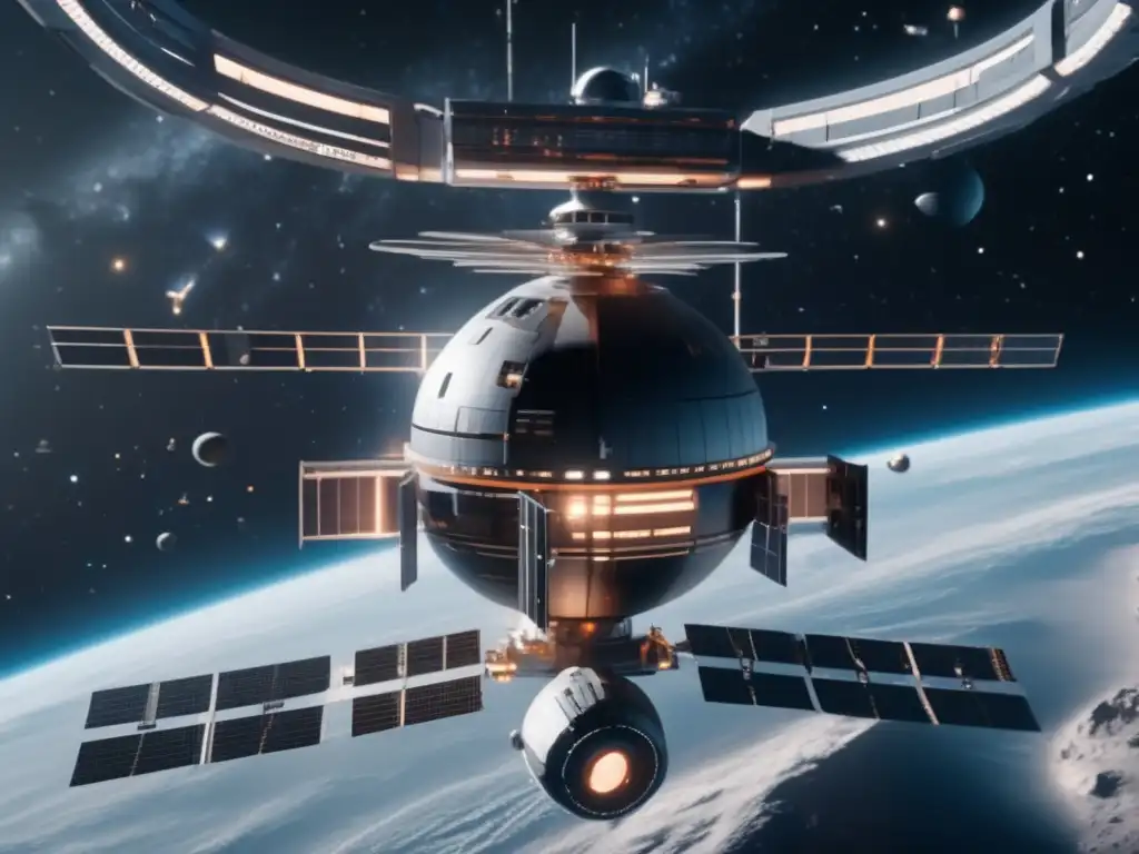 Estación espacial futurista en el espacio Legislación asteroides: seguridad global vs
