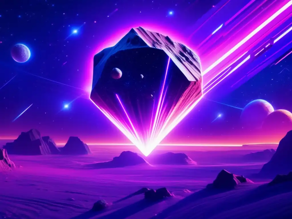 Evolución gráficos asteroides videojuegos: Imagen cinematográfica de un asteroide pixelado rodeado de una nebulosa y naves espaciales