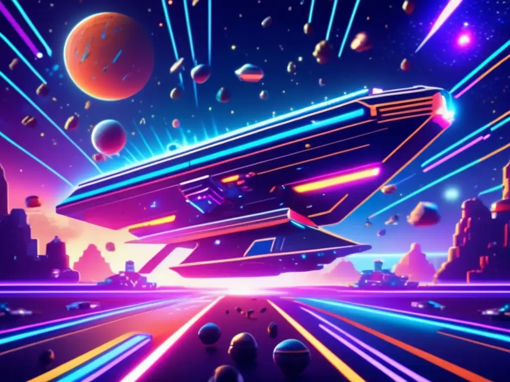 Evolución gráficos asteroides videojuegos: Imagen 8k detallada del espacio con nave espacial pixelada rodeada de asteroides y explosiones de partículas
