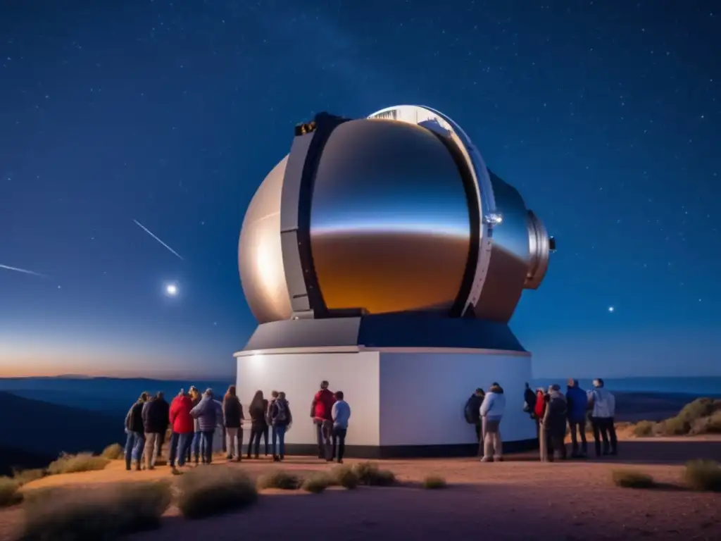 Grupo de aficionados entusiastas descubriendo asteroides con telescopio avanzado bajo cielo estrellado
