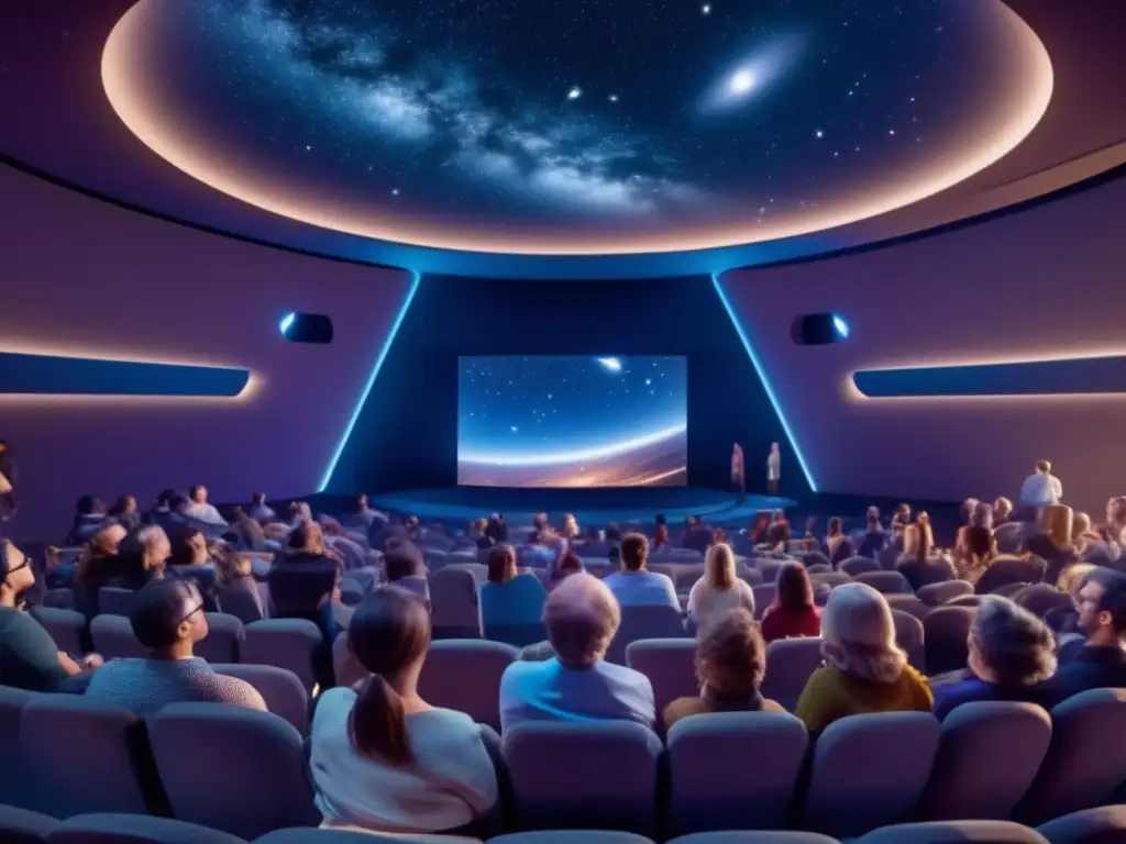 Fascinante proyección astronómica en planetario Grupo de científicos y educadores en planetario de última generación, proyección estelar cautivadora