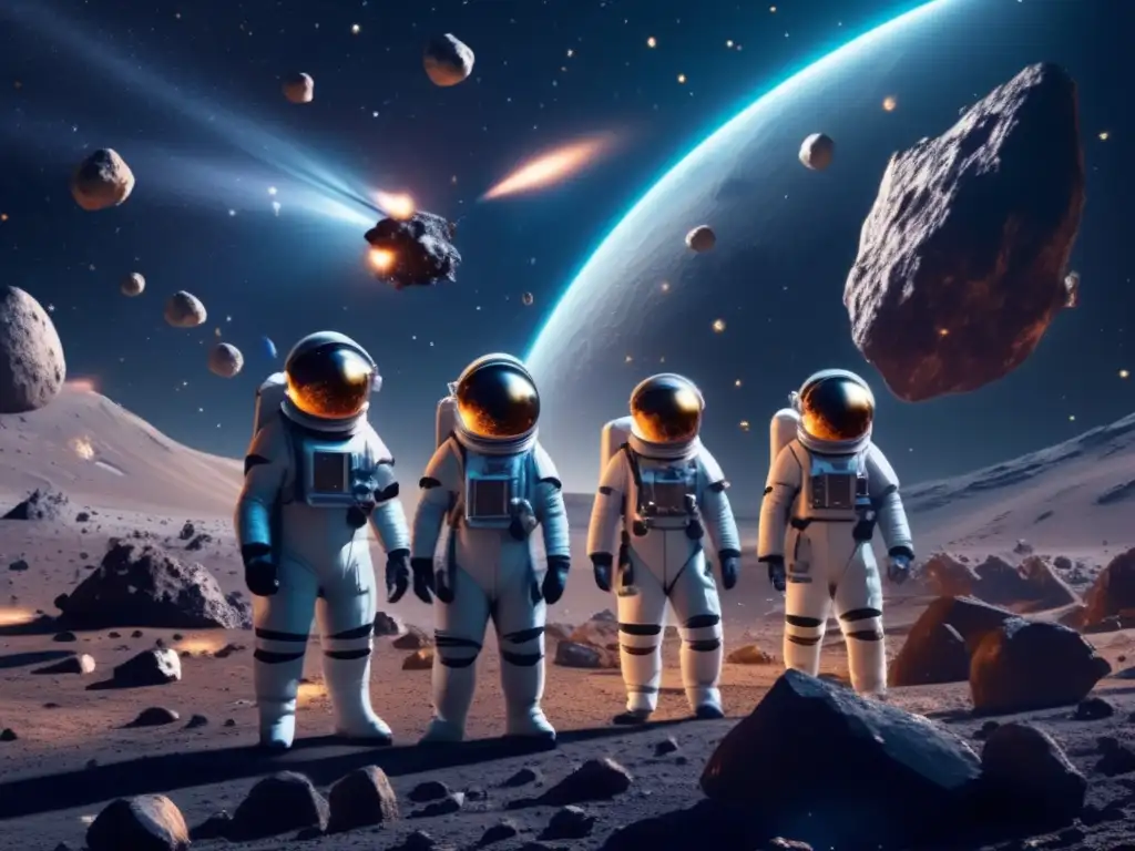 Científicos exploran asteroides en el espacio Grupo de científicos en trajes espaciales futuristas explorando asteroides en el espacio - Simulaciones educativas asteroides: rol didáctico