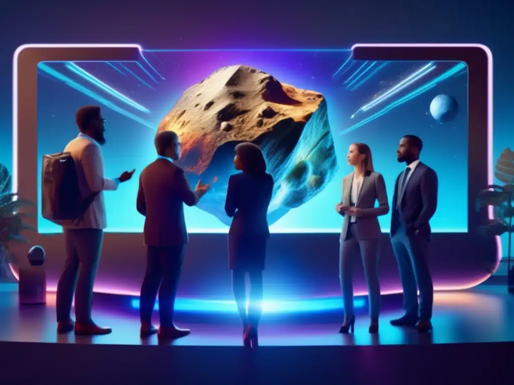 Colaboración científica con holograma de asteroide Grupo diverso emocionado en torno a holograma de asteroide, discutiendo