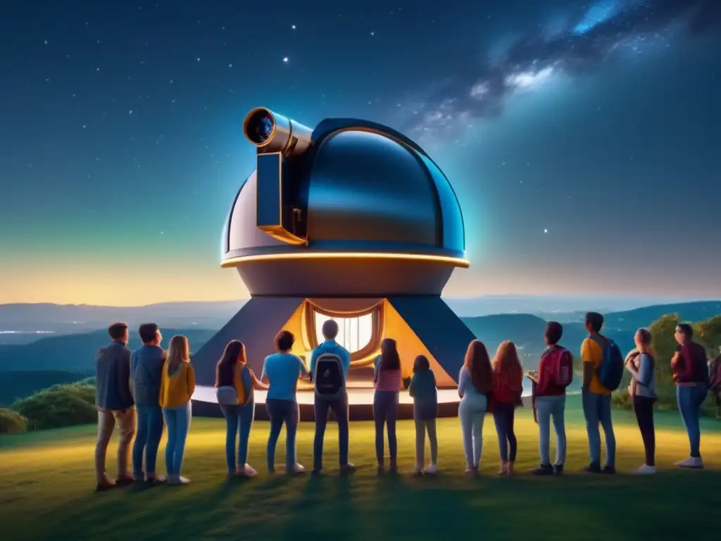 Jóvenes entusiastas explorando el cosmos Grupo de estudiantes entusiastas observando telescopio avanzado bajo cielo estrellado