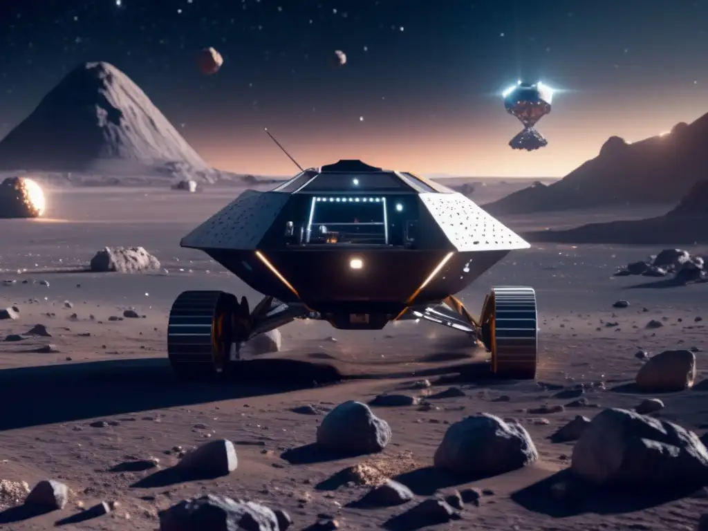 Habilidades para extracción asteroides en imagen 8k de operación minera futurista en asteroide, con drones robóticos y estación espacial avanzada