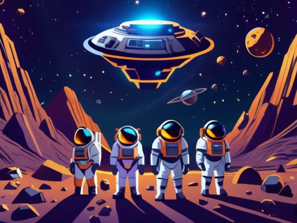 Habilidades para extracción asteroides: Mineros espaciales en trajes futuristas extraen recursos de un asteroide brillante en el espacio