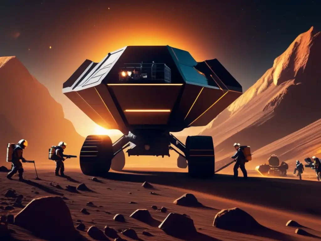 Habilidades para extracción en asteroides: Mineros espaciales expertos extraen recursos en un asteroide con avanzada tecnología