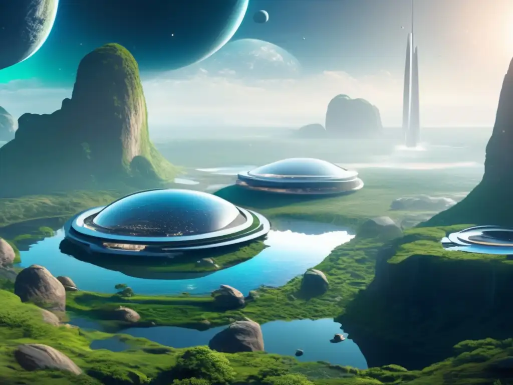 Futurista hábitat de asteroides con avanzada tecnología de agua Un hábitat de asteroides con extracción de agua avanzada y diseño futurista, fusionando tecnología y naturaleza en el espacio