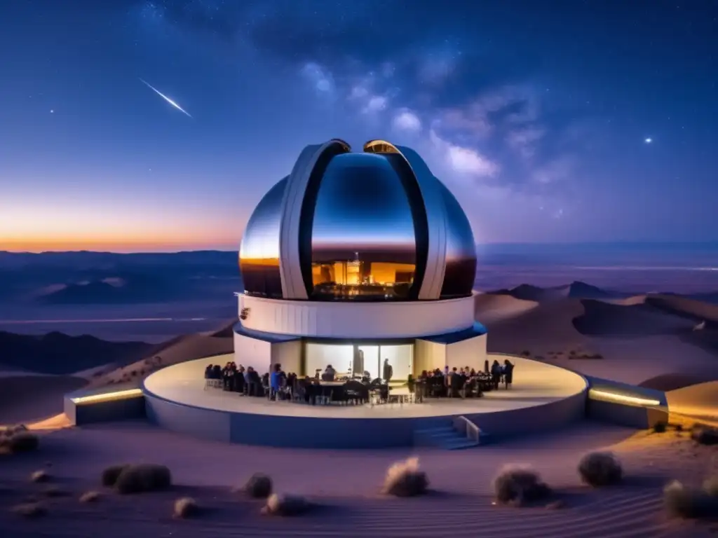 Astrónomos analizan datos bajo un cielo estrellado Herramientas para cazar asteroides: Astrónomos analizando datos en observatorio moderno, con telescopio y estrellas brillantes