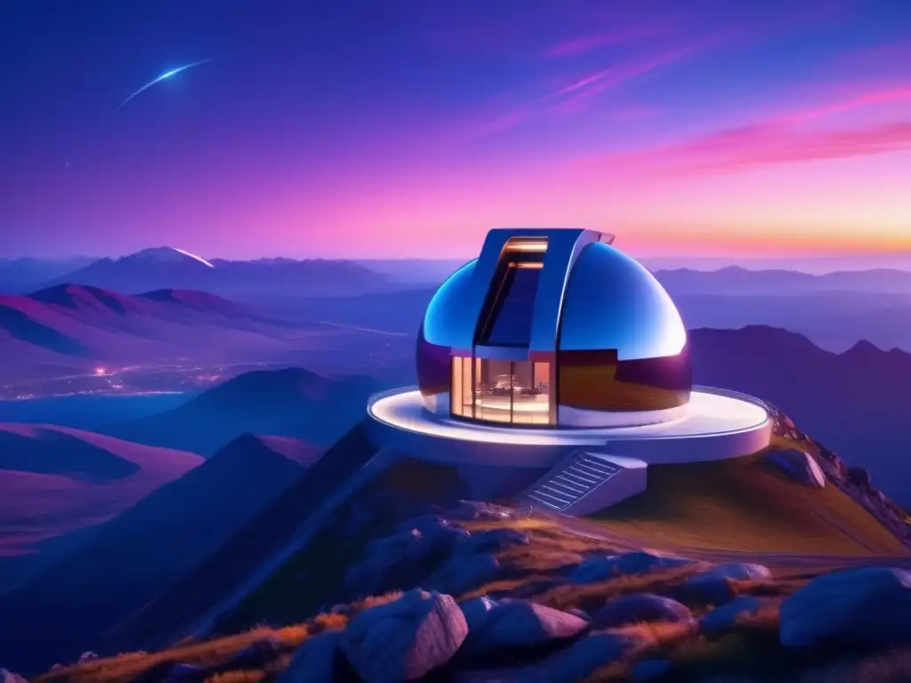 Observatorio astronómico de caza de asteroides Herramientas para cazar asteroides: observatorio futurista de caza de asteroides en la cima de una montaña remota