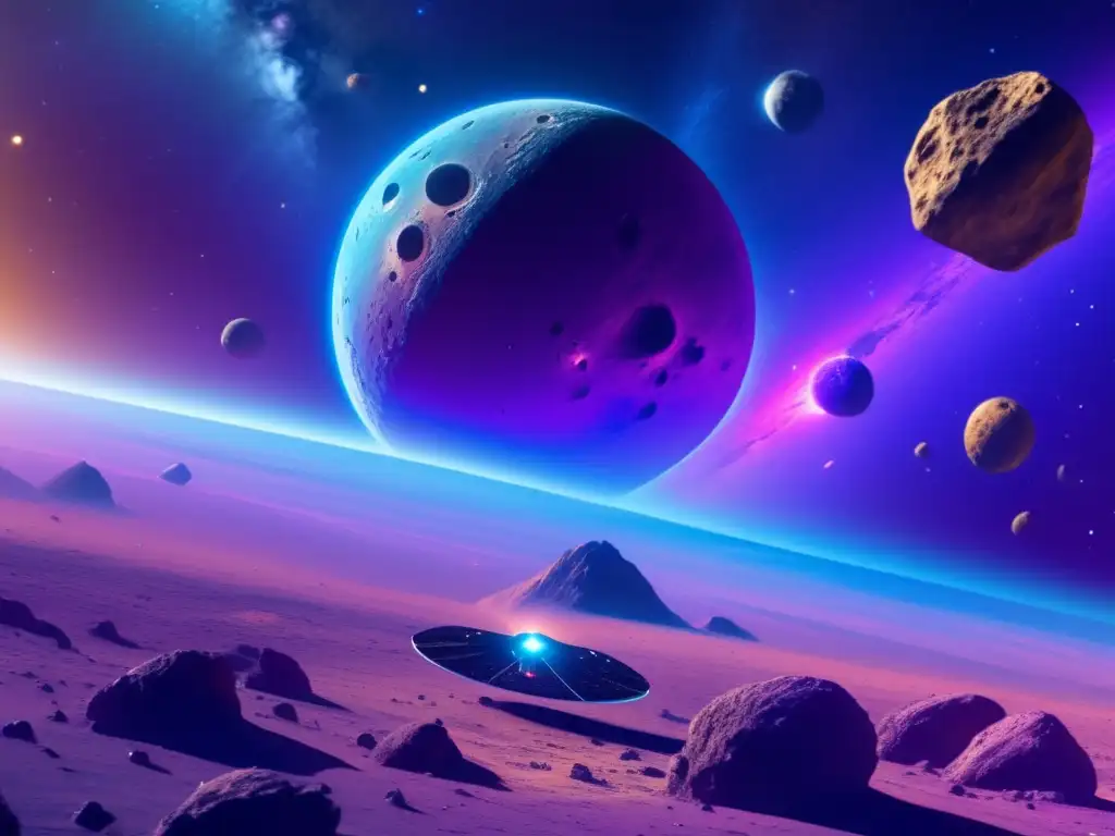Universe estelar en 8K con asteroide gigante y nave espacial avanzada Herramientas para cazar asteroides en un universo estrellado de 8K, con una nave espacial cerca de un asteroide gigante
