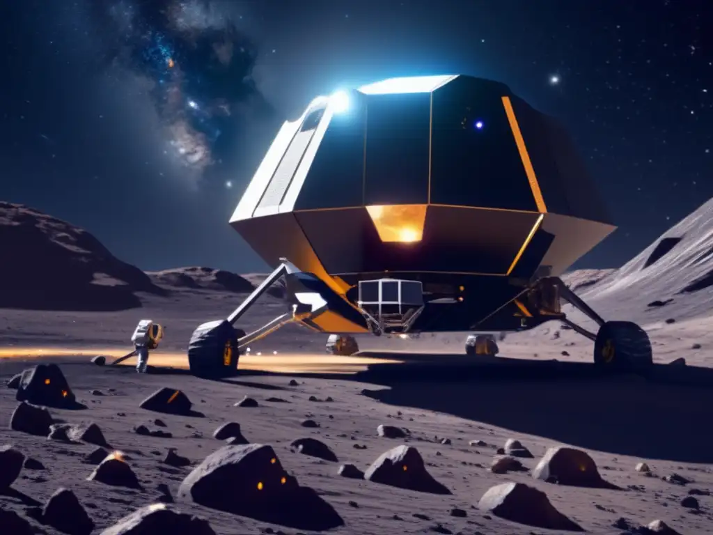 Extracción de hidrocarburos en asteroides: escena futurista de mina espacial con nave minera avanzada y asteroide rico en recursos
