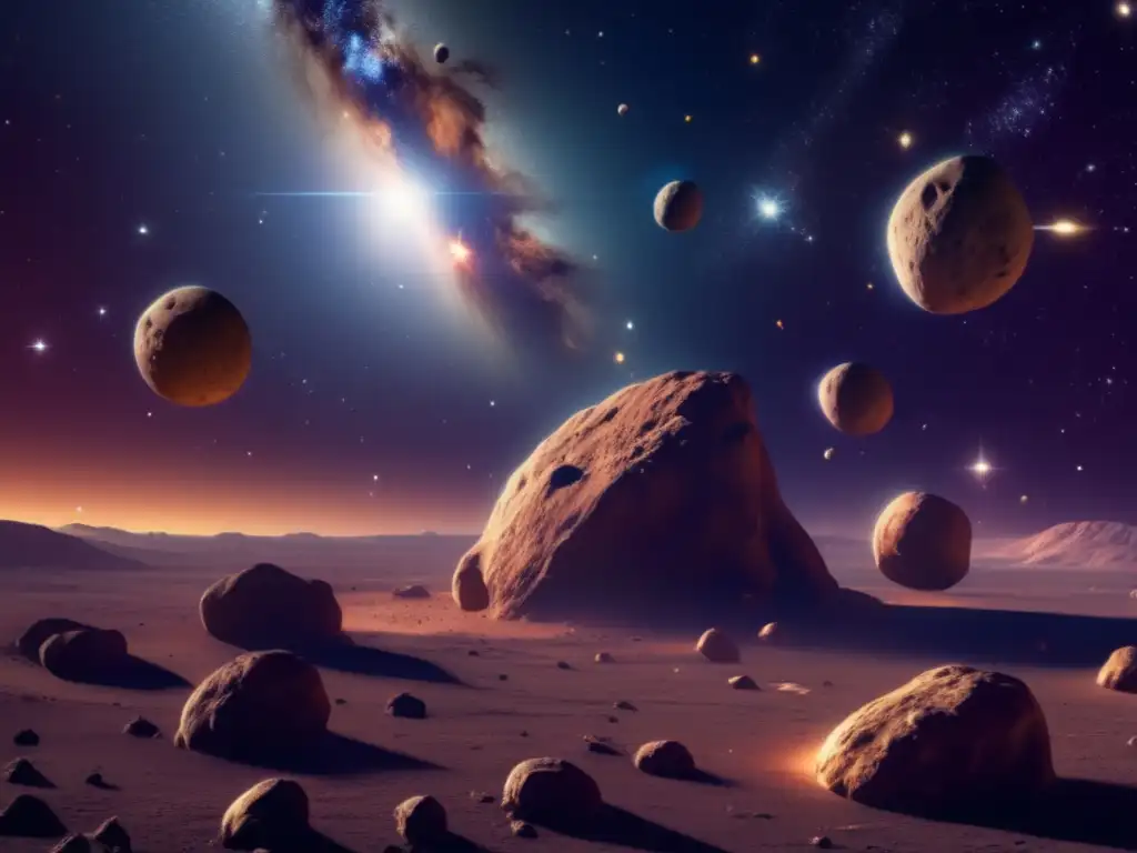 Asteroid Centaurs: Detalles y diversidad espacial Historia asteroides centauros: Imagen 8k de asteroides centauros flotando en el espacio, rodeados de polvo cósmico y estrellas distantes