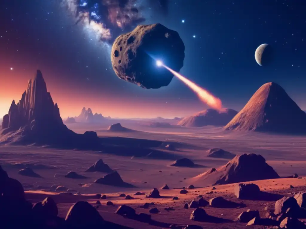 Asteroida majestuosa en cielo estrellado Historia asteroides Troyanos mitología espacial: paisaje celeste impresionante con asteroide imponente, cráteres y formaciones rocosas