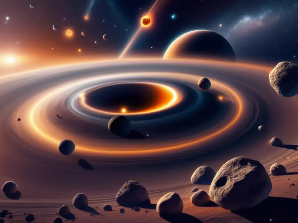 Historia encuentros cercanos asteroides: Formación asombrosa de asteroides en una imagen detallada en 8k, capturando la belleza y dinamismo cósmico