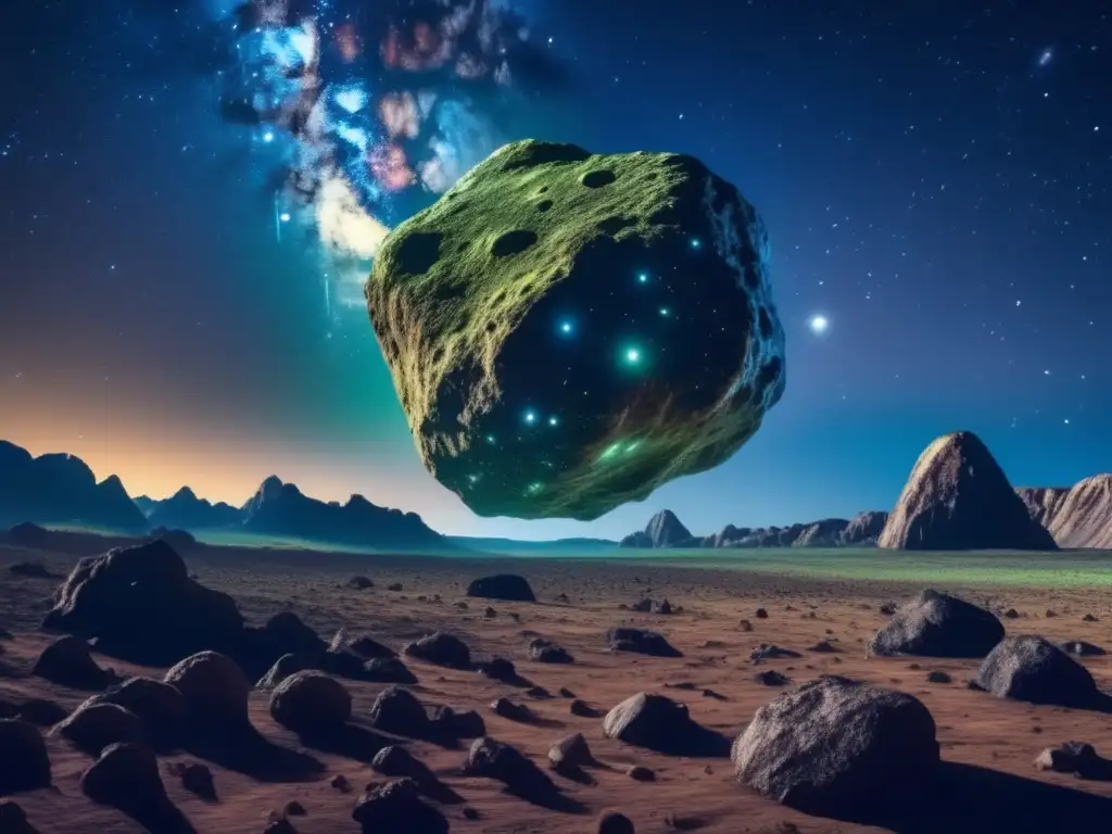 Historia encuentros cercanos asteroides: Impresionante imagen en 8k de un cielo nocturno estrellado con un asteroide amenazante cerca de la Tierra