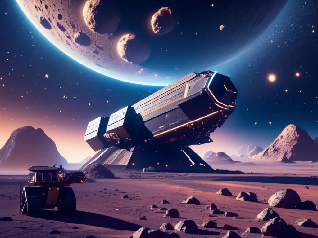 Historias de asteroides y naves espaciales en un increíble paisaje estelar con minas y nave espacial futurista