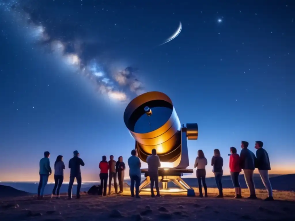 Astrónomos aficionados observando asteroides Historias de asteroides nombrados por aficionados: Grupo de astrónomos observando detalladamente el cielo nocturno con un telescopio de diseño moderno