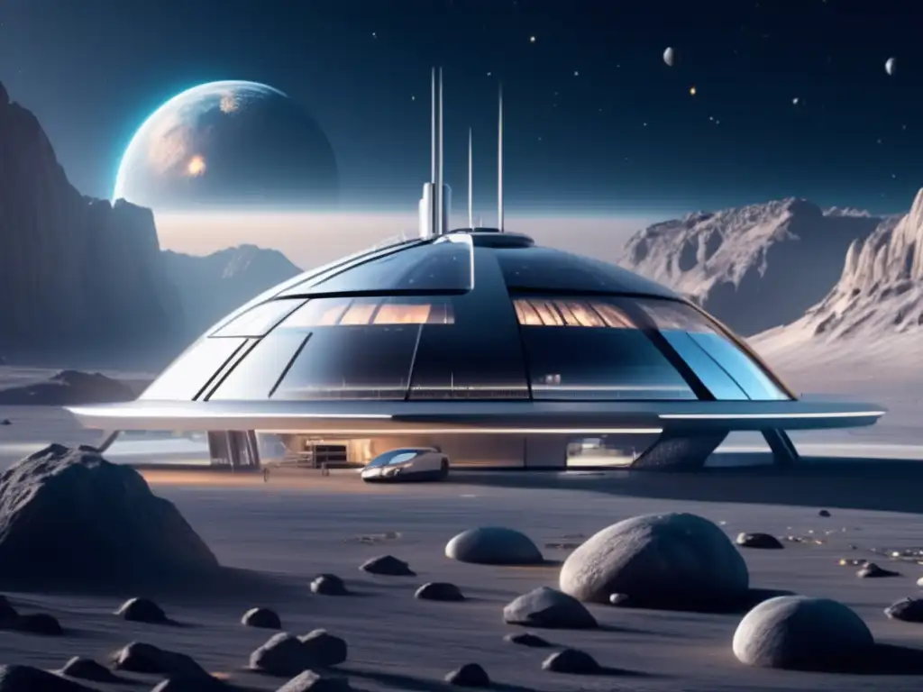 Hotel futurista en asteroide con diseño moderno y orgánico