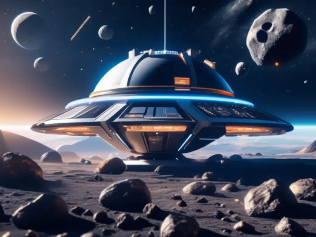 Huella ambiental colonización asteroides en una estación espacial futurista rodeada de asteroides