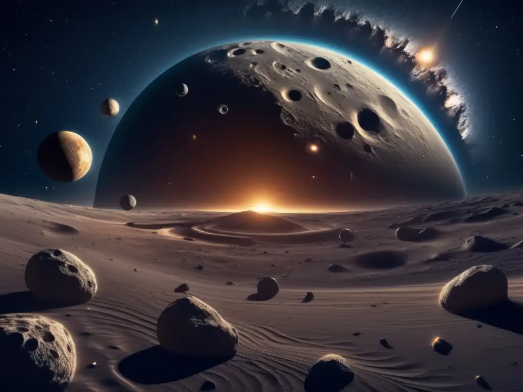 Impresionante imagen 8k del espacio, con asteroide y ondas gravitacionales Huella gravitatoria de asteroides: un impresionante 8k que muestra el espacio con cuerpos celestes dispersos y ondas gravitatorias
