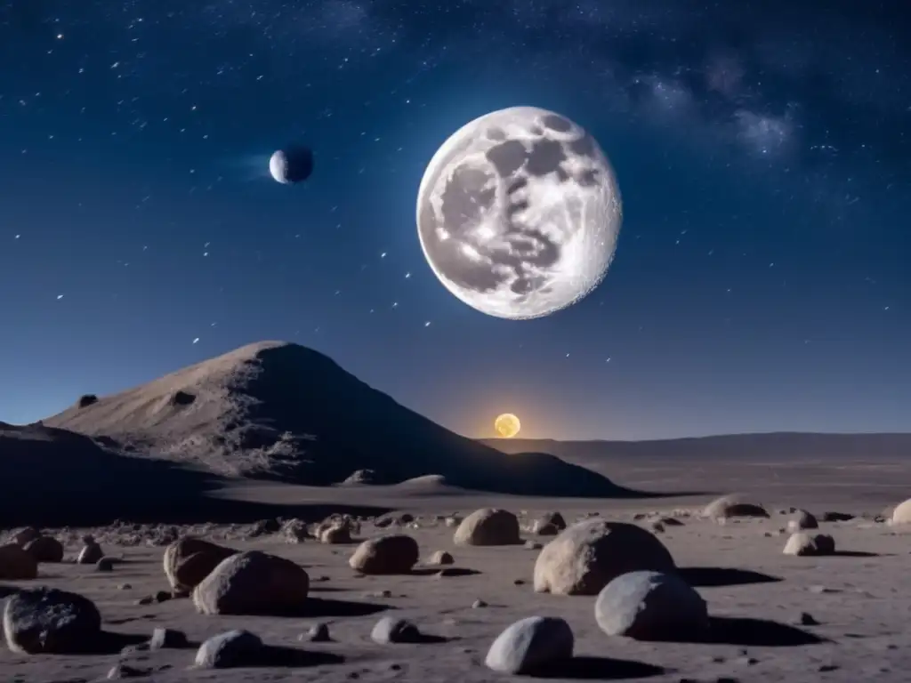 Cielo estrellado con asteroide y ondas gravitacionales Huella gravitatoria de asteroides detectar en la noche estrellada, con luna llena y asteroide en movimiento