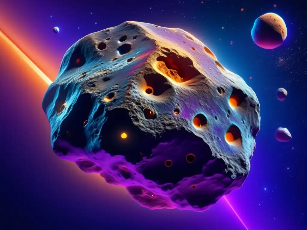 Asteroide 8k en el espacio Huella química de asteroide en el espacio: Detalles 8k de su superficie rocosa adornada con patrones y colores cósmicos