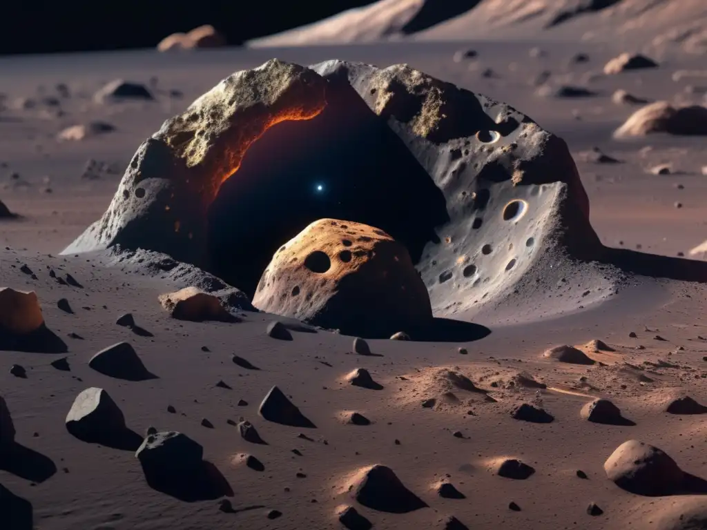 Detalle asombroso de asteroide en 8k Huella química asteroides distancia: Detalle realista de un asteroide irregular, con cráteres, minerales y atmósfera