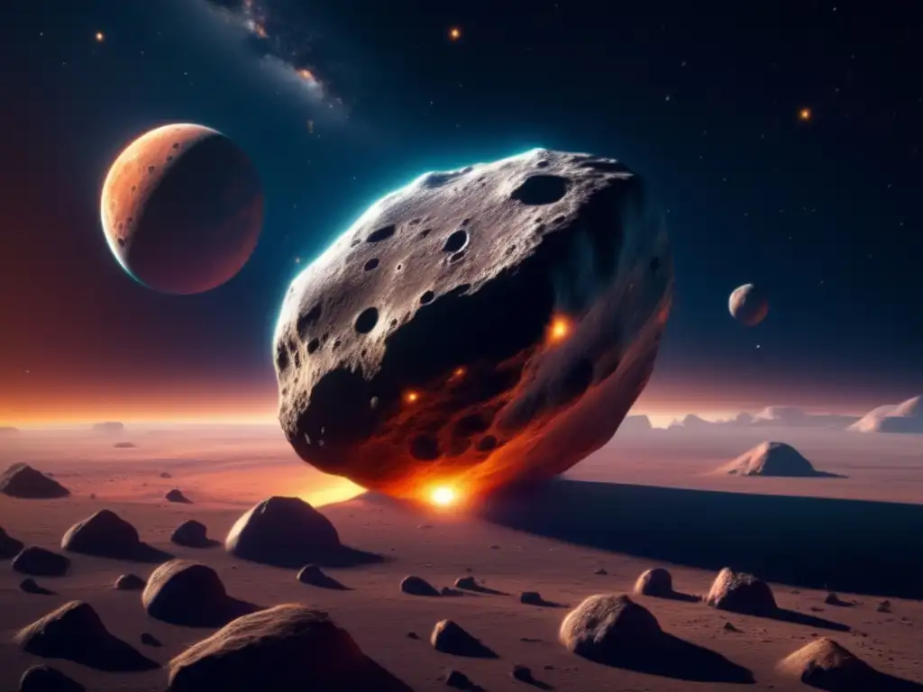 Asteroide rocoso flotando en el espacio Huella química asteroides distancia: Impactante imagen 8k de un asteroide en el espacio con textura única, sombras dramáticas y colores cautivadores