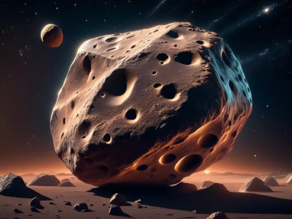 Asteroide flotando en el espacio Huella química asteroides distancia: Imagen impactante de un asteroide en el espacio, con detalles y texturas reveladas por la luz solar