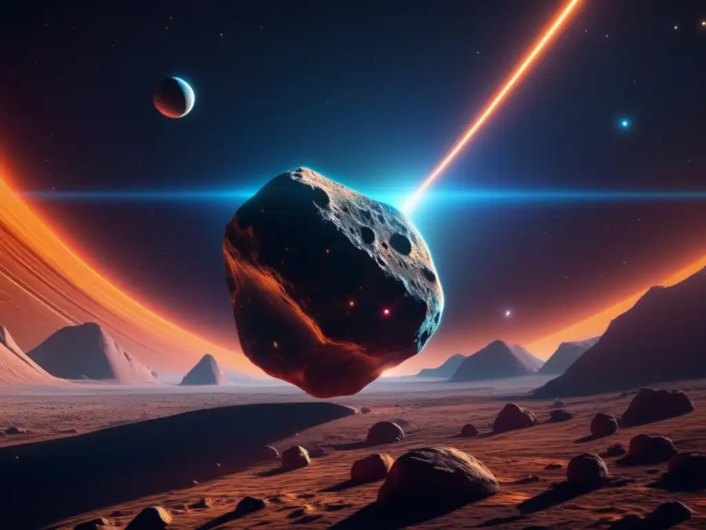 Huella química asteroides distancia: Imagen 8k detalla vastedad del espacio con asteroide iluminado por rayos de sol